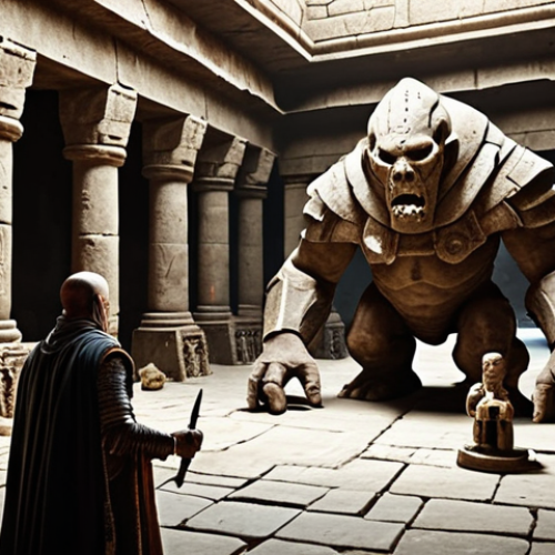 Home 11 **A heroic party facing a large, menacing Ancient Golem in the Forgotten Palace dungeon, ancient ruins surrounding them. The Tank is heavily armored, the Dealer is casting a spell, and the Healer is tending to the Tank. Ancient relics can be seen in the background.**