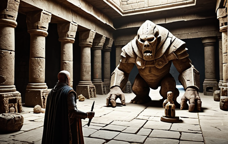 **A heroic party facing a large, menacing Ancient Golem in the Forgotten Palace dungeon, ancient ruins surrounding them. The Tank is heavily armored, the Dealer is casting a spell, and the Healer is tending to the Tank. Ancient relics can be seen in the background.**