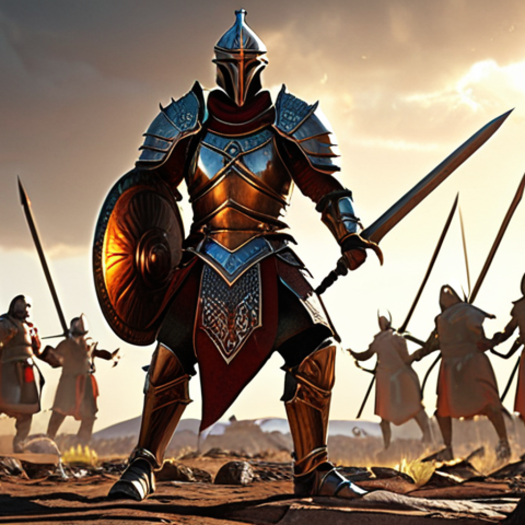 **

A warrior clad in plate armor, adorned with glowing gems, stands triumphantly amidst a battlefield. The armor showcases intricate designs, reflecting light and shadow. In the background, a dynamic clash of players engaged in PvP combat, with spell effects illuminating the scene. Focus on the warrior's determined expression and powerful stance.

**