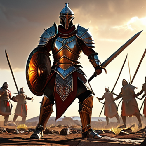 Home 6 **
A warrior clad in plate armor, adorned with glowing gems, stands triumphantly amidst a battlefield. The armor showcases intricate designs, reflecting light and shadow. In the background, a dynamic clash of players engaged in PvP combat, with spell effects illuminating the scene. Focus on the warrior's determined expression and powerful stance.
**