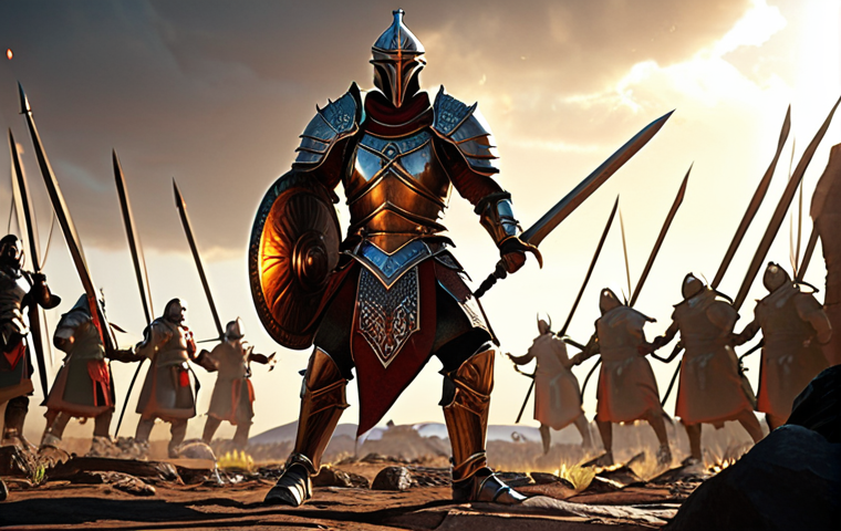 **
A warrior clad in plate armor, adorned with glowing gems, stands triumphantly amidst a battlefield. The armor showcases intricate designs, reflecting light and shadow. In the background, a dynamic clash of players engaged in PvP combat, with spell effects illuminating the scene. Focus on the warrior's determined expression and powerful stance.
**