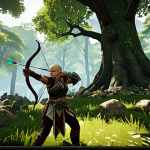 **

Prompt: A vibrant ArcheAge online game scene. An elf archer with enhanced racial traits skillfully fires arrows in a lush forest, while a sturdy dwarf warrior, embodying resilience, bravely defends allies with a massive shield. The background showcases an expanded skill tree interface with numerous skill combinations, emphasizing strategic depth.

**