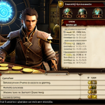 An ArcheAge-style fantasy MMORPG scene depicting a shrewd merchant character intently analyzing a futuristic yet magical trade broker interface. The interface displays graphs, item lists, and fluctuating prices, with glowing gold coins, rare crafting materials, and powerful enhancement scrolls visible around it, symbolizing valuable assets. The background hints at a bustling marketplace, emphasizing economic strategy, patch impact on prices, and the smart management of supply and demand. Dynamic lighting, detailed game art.