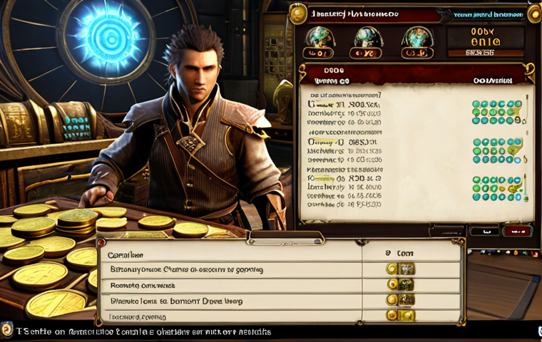 An ArcheAge-style fantasy MMORPG scene depicting a shrewd merchant character intently analyzing a futuristic yet magical trade broker interface. The interface displays graphs, item lists, and fluctuating prices, with glowing gold coins, rare crafting materials, and powerful enhancement scrolls visible around it, symbolizing valuable assets. The background hints at a bustling marketplace, emphasizing economic strategy, patch impact on prices, and the smart management of supply and demand. Dynamic lighting, detailed game art.