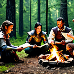 Strategizing Party**

"A group of adventurers, fully clothed in practical fantasy armor, studying a map around a campfire in a forest clearing, appropriate attire, safe for work, perfect anatomy, natural proportions, family-friendly, illustration, high quality, showing teamwork and strategy."

**