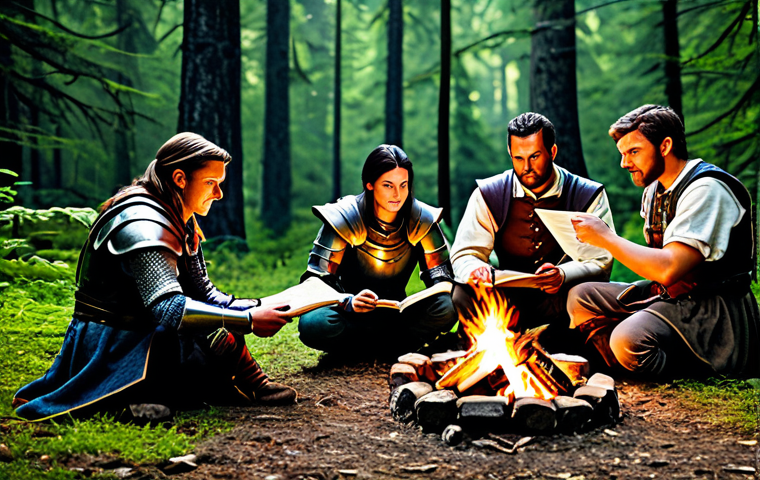 Strategizing Party**
"A group of adventurers, fully clothed in practical fantasy armor, studying a map around a campfire in a forest clearing, appropriate attire, safe for work, perfect anatomy, natural proportions, family-friendly, illustration, high quality, showing teamwork and strategy."
**