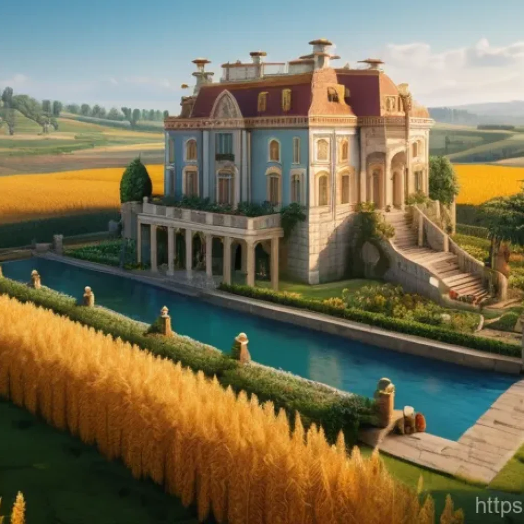 아키에이지 상위 유저 인터뷰 - A wide shot of a magnificent, custom-built fantasy mansion or castle, standing proudly amidst lush, ...