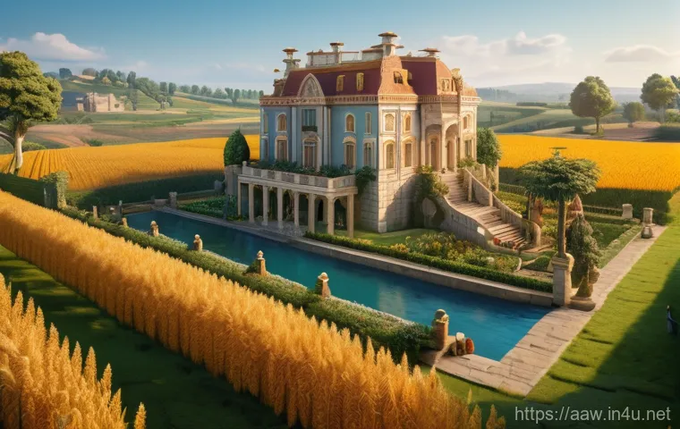아키에이지 상위 유저 인터뷰 - A wide shot of a magnificent, custom-built fantasy mansion or castle, standing proudly amidst lush, ...