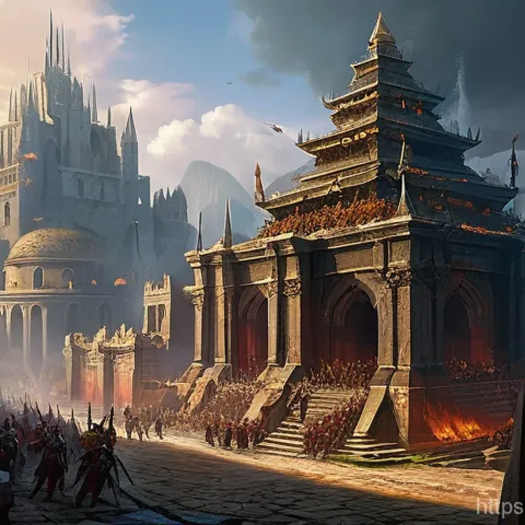 아키에이지 진영 전쟁 포인트 - **Prompt for a Mass Battle / Objective Capture:**
    An epic, dynamic scene depicting a large-scale...