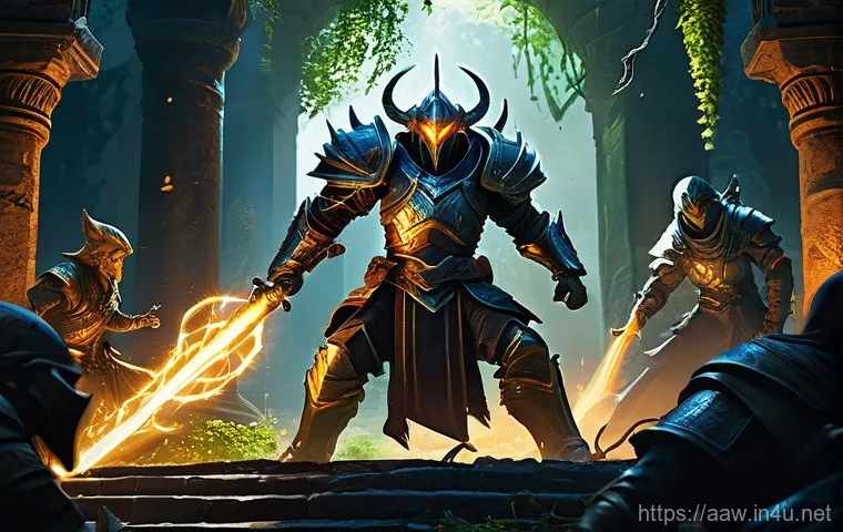 아키에이지 월드 보스 전략 - A group of diverse fantasy adventurers, fully clad in intricate, realistic armor, engages in a dynam...