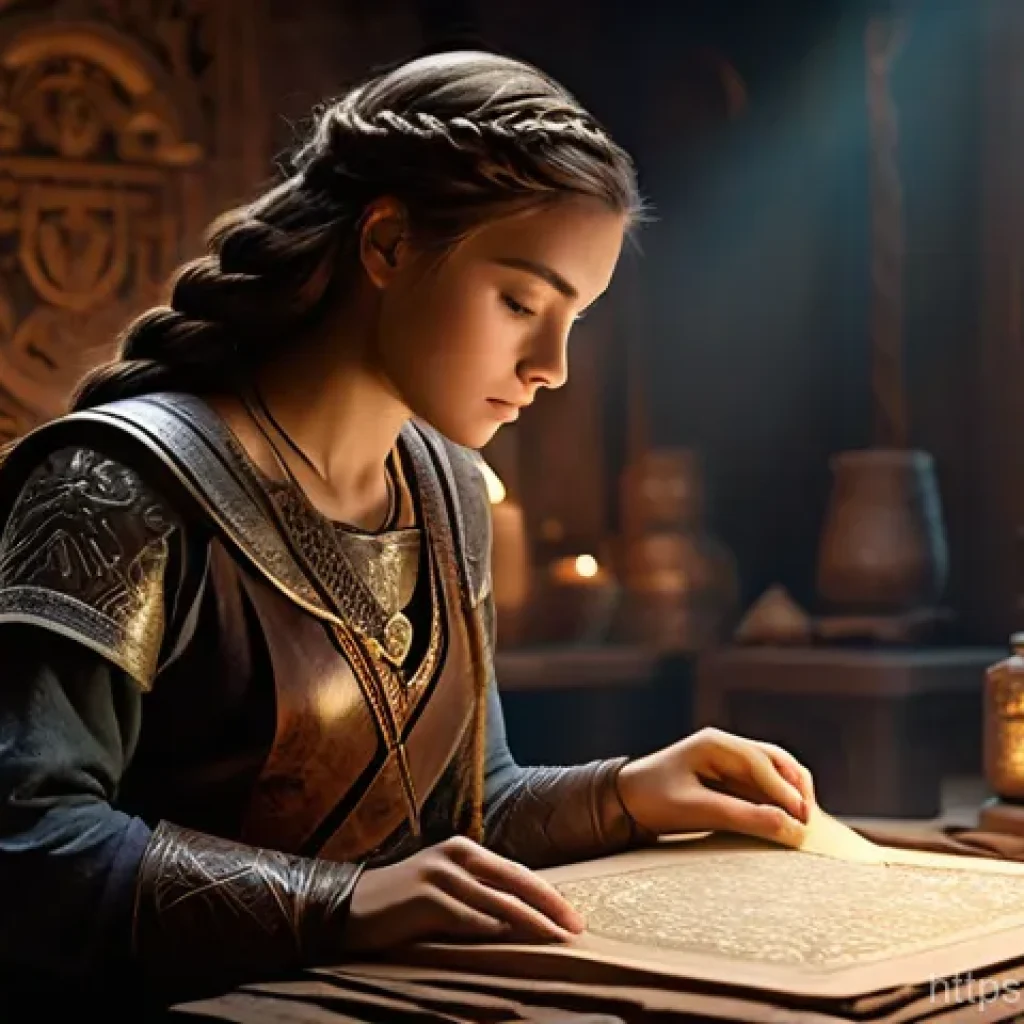 아키에이지 전설 장비 제작법 - **Prompt: "A determined young adult female artisan, with long, braided hair and dressed in a finely ...