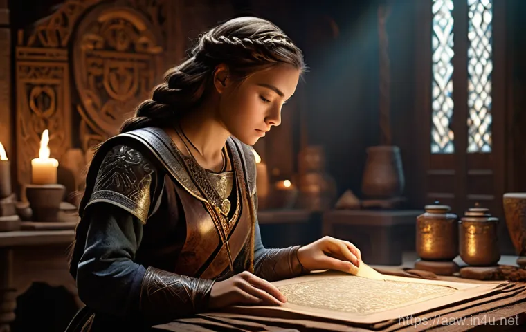 아키에이지 전설 장비 제작법 - **Prompt: "A determined young adult female artisan, with long, braided hair and dressed in a finely ...