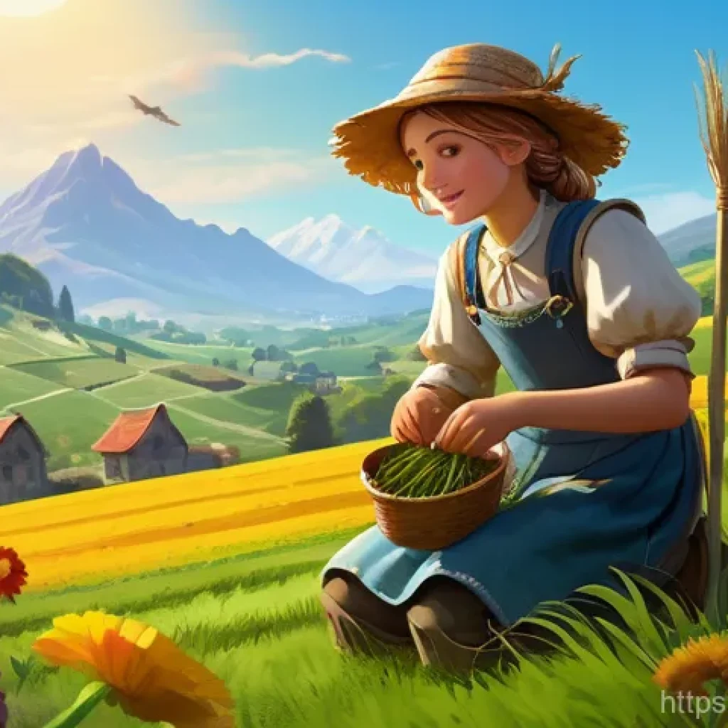아키에이지 생활 기술 레벨업 - A young female adventurer, dressed in practical and modest fantasy attire suitable for farming, knee...