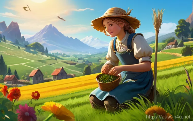 아키에이지 생활 기술 레벨업 - A young female adventurer, dressed in practical and modest fantasy attire suitable for farming, knee...
