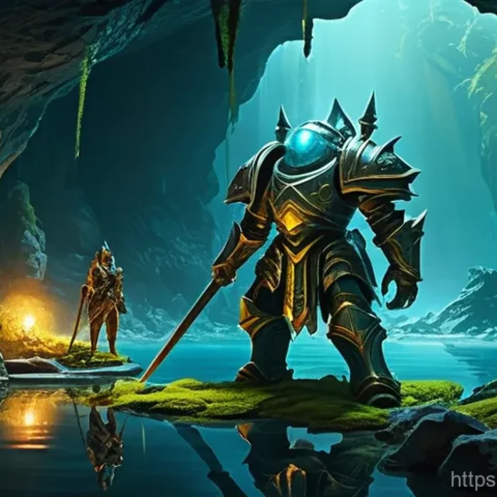 아키에이지 심연의 연못 공략 - **Prompt:** A group of diverse fantasy adventurers, fully clad in elaborate and practical battle arm...