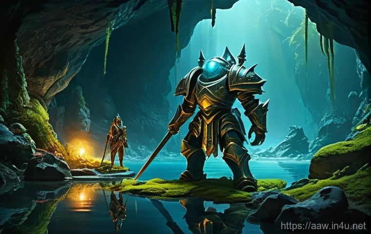 아키에이지 심연의 연못 공략 - **Prompt:** A group of diverse fantasy adventurers, fully clad in elaborate and practical battle arm...
