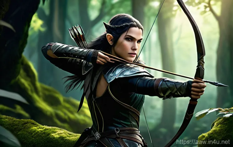 아키에이지 최적의 전투 시스템 - **Prompt: Agile Elven Assassin in Dynamic Combat Pose.**
    "A female elven assassin, clad in form-...