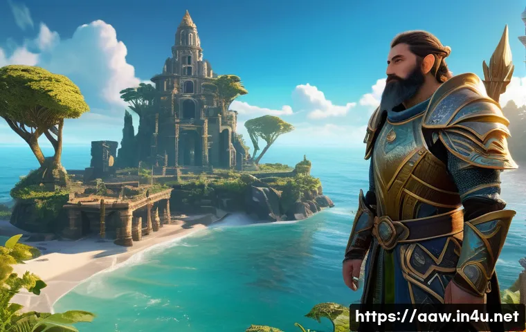 아키에이지 신규 유저 초기 설정 - A newly customized MMORPG character, gender-neutral, standing on a lush, vibrant starting island. Th...