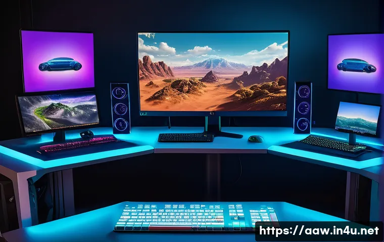 아키에이지 필수 유틸리티 가이드 - A futuristic MMORPG player’s desktop setup showcasing multiple screens with detailed game UI customi...