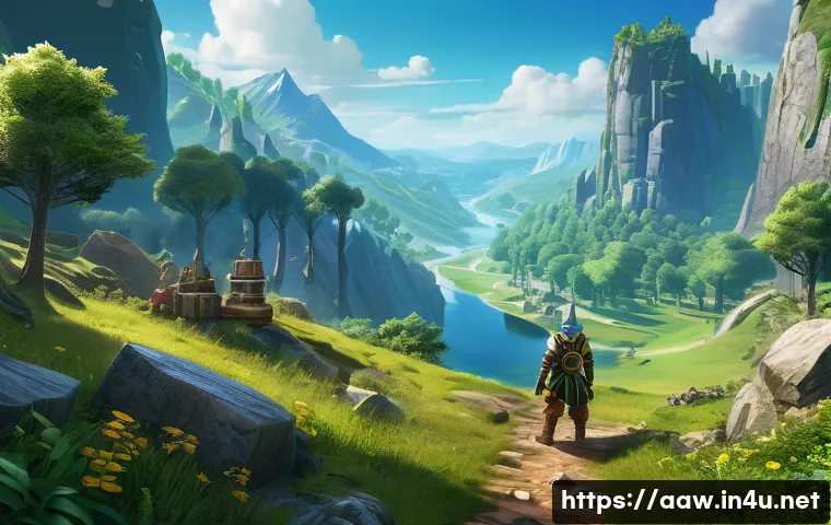 아키에이지 경제 시스템 노하우 - A detailed fantasy MMORPG landscape showcasing resource gathering in a vibrant mountain and forest e...