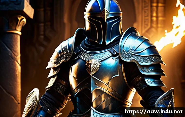 아키에이지 특수 장비 세트 - A detailed fantasy warrior wearing a full plate armor set, showcasing heavy, intricately engraved go...
