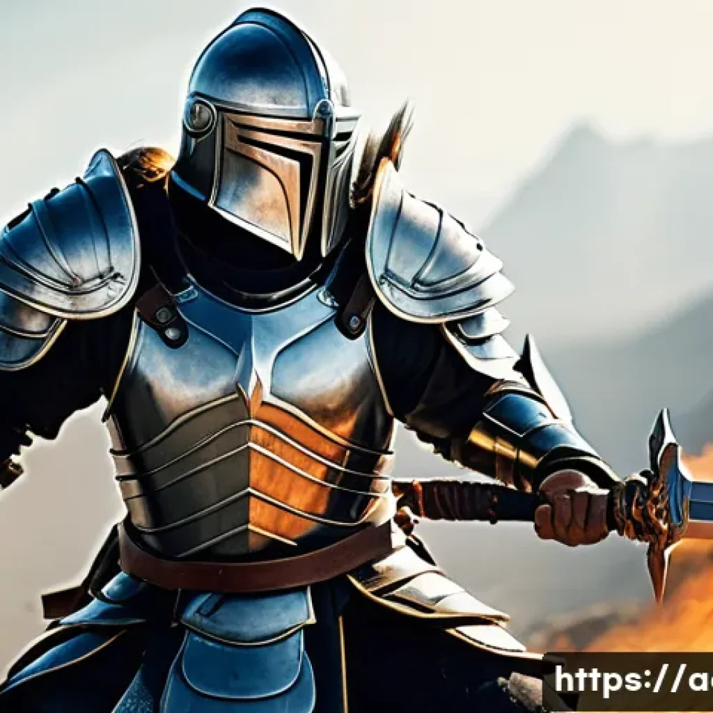 아키에이지 상위 직업 가이드 - A fierce melee warrior in detailed, rugged armor charging forward with a large sword, surrounded by ...