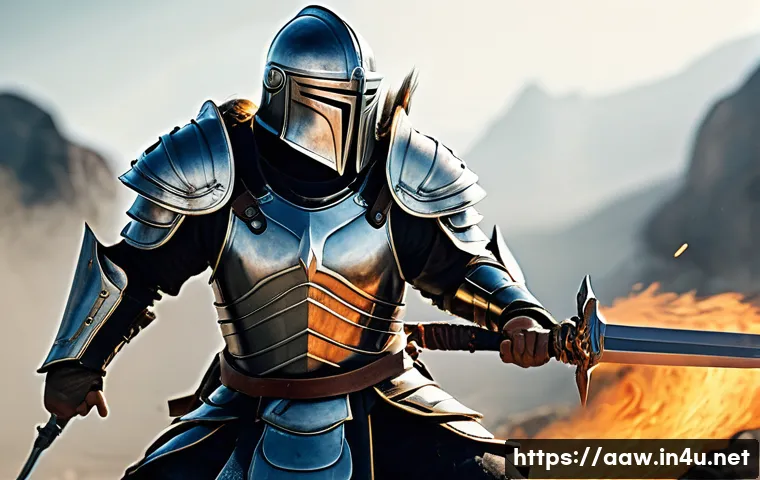 아키에이지 상위 직업 가이드 - A fierce melee warrior in detailed, rugged armor charging forward with a large sword, surrounded by ...