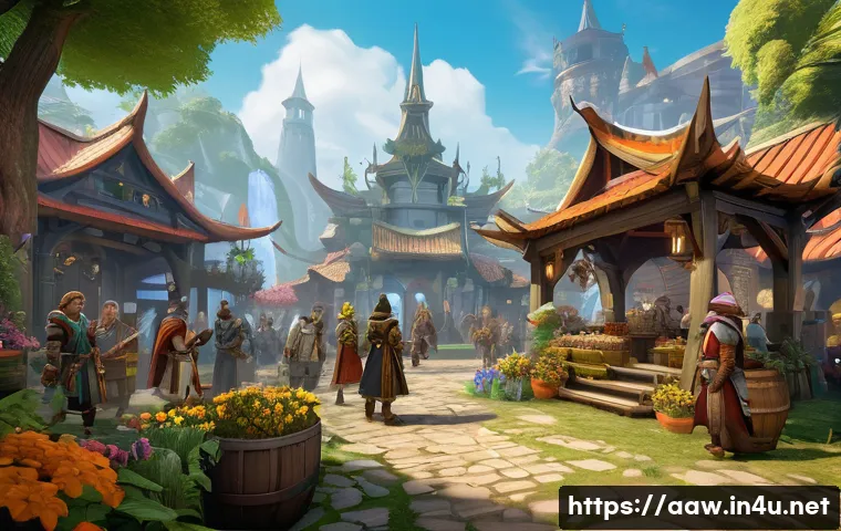 아키에이지 신규 유저 필수 숙지 - A vibrant fantasy MMORPG scene depicting a diverse group of novice players gathered in a lively new ...