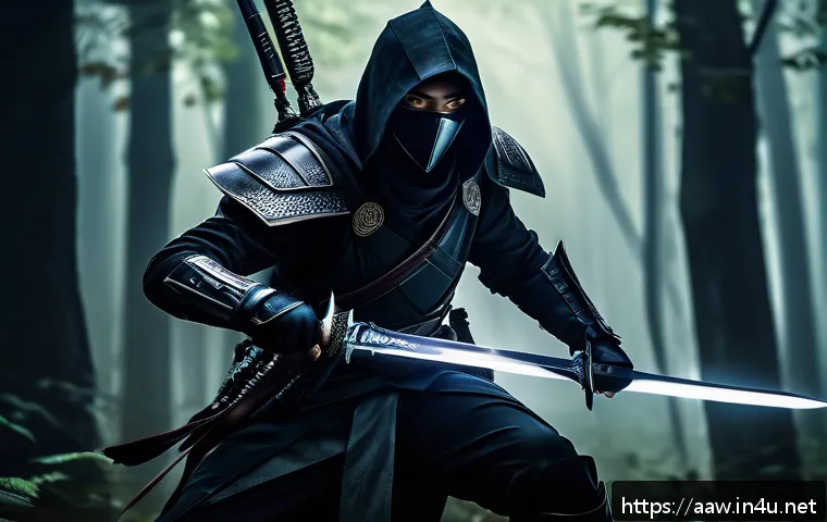 아키에이지 PvP 전략별 직업 추천 - A stealthy assassin in sleek dark armor wielding dual daggers, swiftly moving through a shadowy fore...