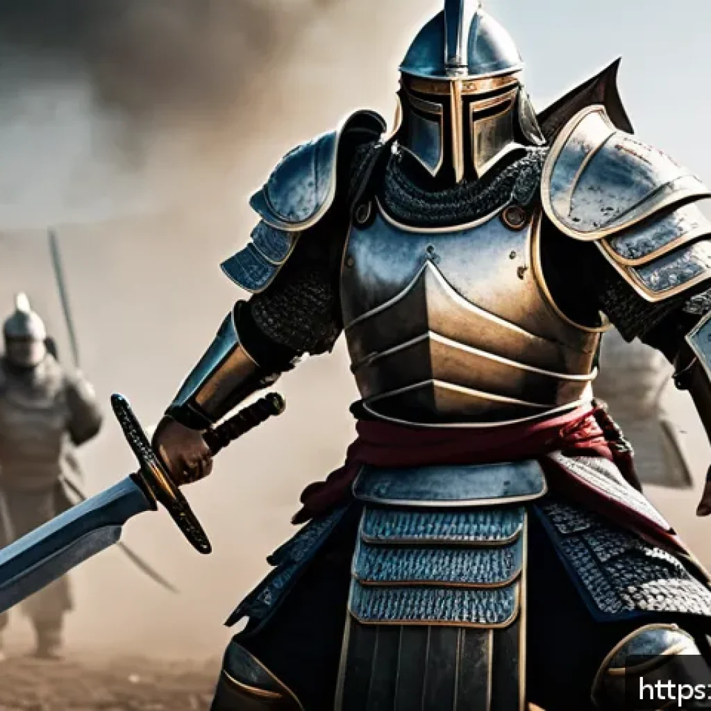아키에이지 전투 방식별 장단점 - A powerful warrior clad in heavy armor stands firm on a battlefield, wielding a massive sword with b...