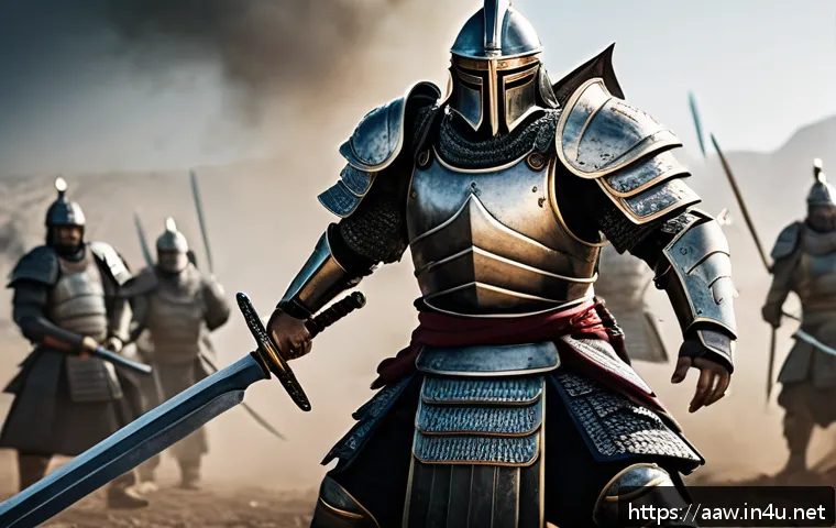 아키에이지 전투 방식별 장단점 - A powerful warrior clad in heavy armor stands firm on a battlefield, wielding a massive sword with b...