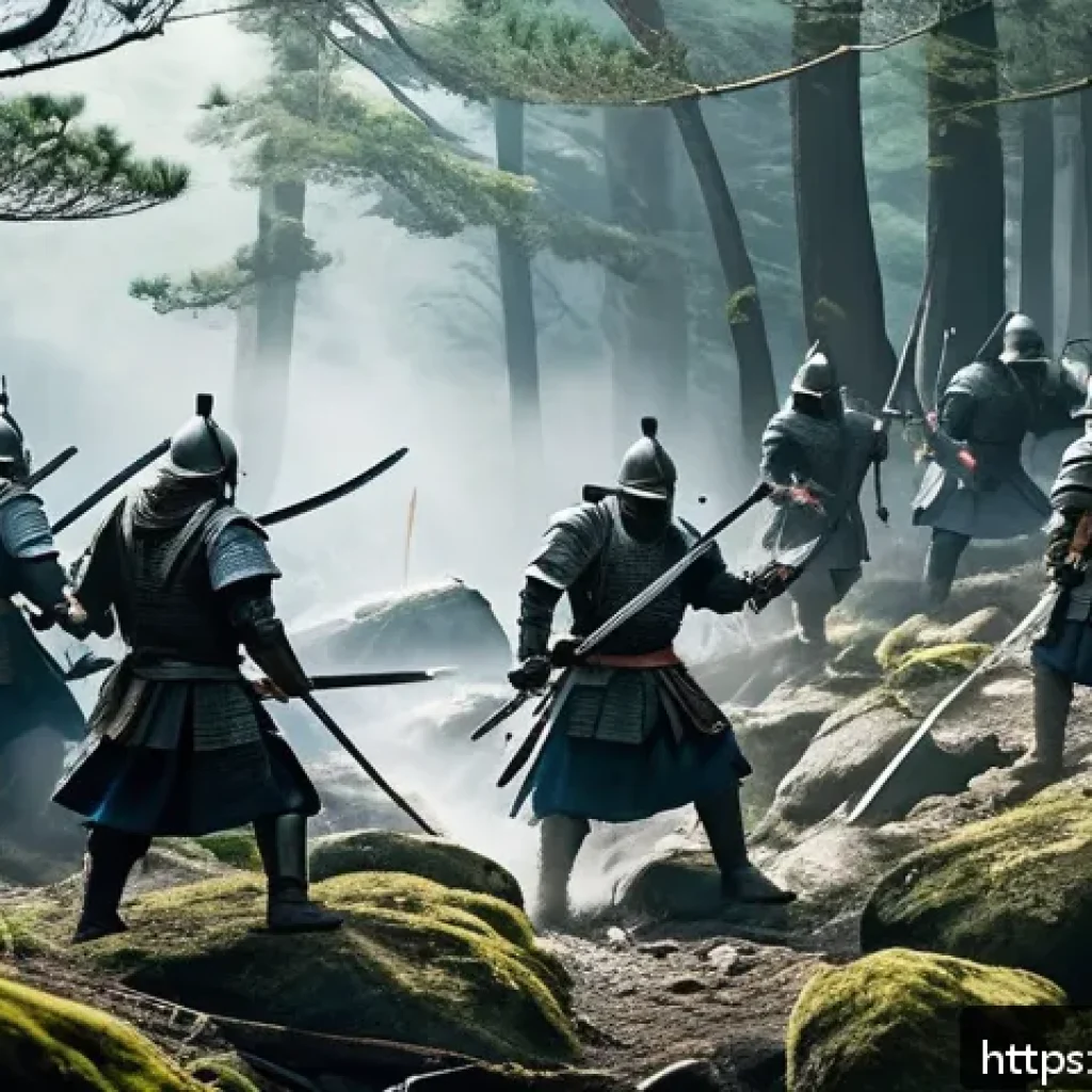 아키에이지 원대륙 PvP 특징 - A dynamic battle scene set in a dense forest on rugged mountainous terrain, showcasing a group of ar...