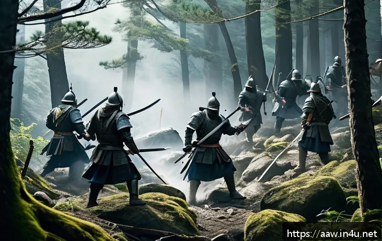 아키에이지 원대륙 PvP 특징 - A dynamic battle scene set in a dense forest on rugged mountainous terrain, showcasing a group of ar...