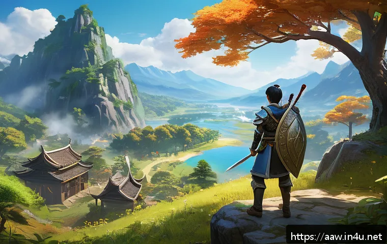 아키에이지 초보자 가이드북 - A detailed fantasy MMORPG scene showing a young adventurer character actively completing daily quest...