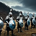 아키에이지 진영별 특징 - A detailed fantasy battlefield scene showing "Faction A" warriors in heavy armor forming an impenetr...