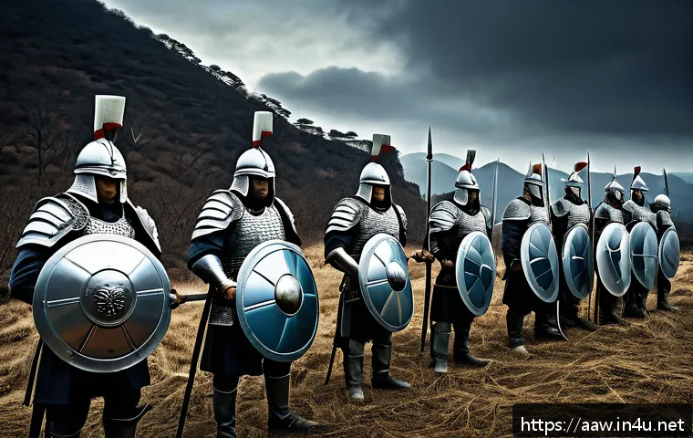 아키에이지 진영별 특징 - A detailed fantasy battlefield scene showing "Faction A" warriors in heavy armor forming an impenetr...