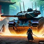 아키에이지 아레나 매칭 팁 - A dynamic team battle scene in a fantasy arena showing a balanced party composition: a heavily armor...