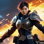 아키에이지 신규 콘텐츠 추천 - A dynamic scene of a futuristic gunslinger character in a fantasy MMORPG setting, wielding an ornate...