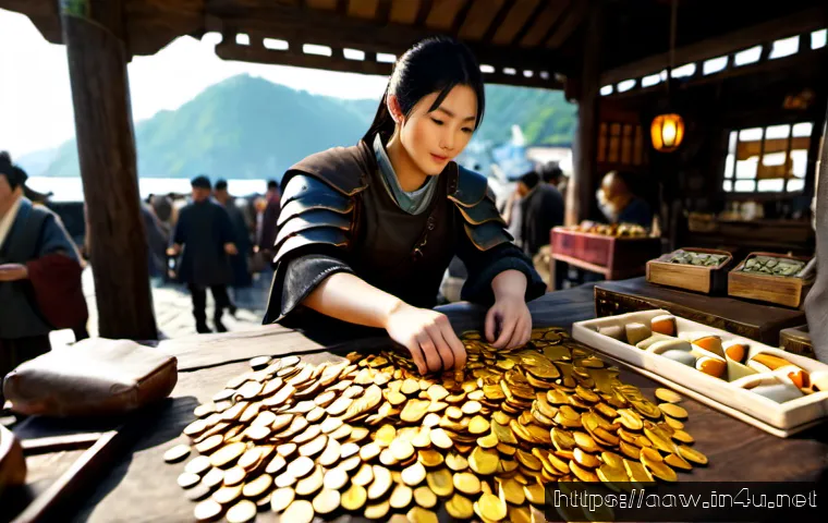 아키에이지 골드 수급 방법 - Photorealistic fantasy MMO-inspired treasure economy scene, focused on a confident adventurer in pra...