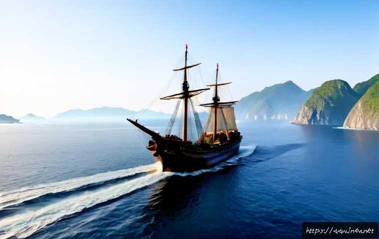 아키에이지 해상 전투 전략 - Photorealistic cinematic fantasy naval battle strategy scene, high-angle view of three wooden warshi...