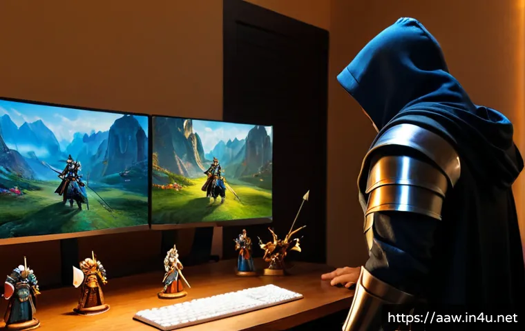 아키에이지 최적의 직업 선택법 - Photorealistic fantasy role-selection concept, a focused adult gamer at a clean wooden desk comparin...