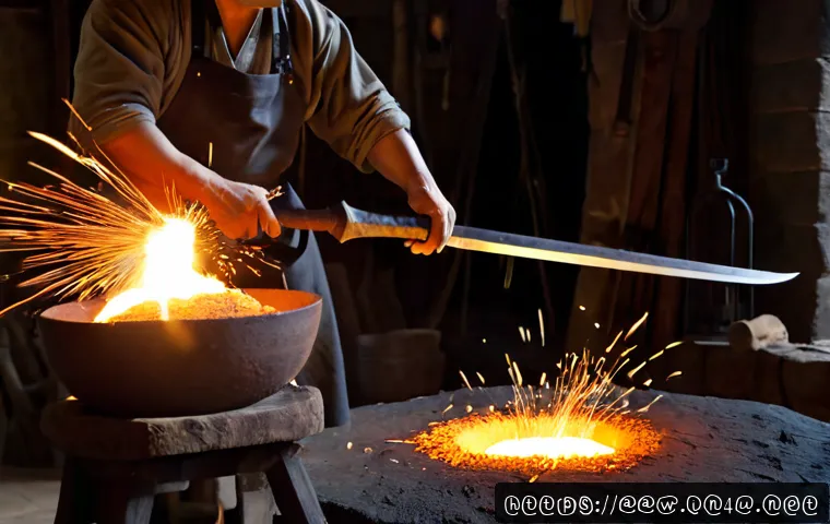 아키에이지 최상급 아이템 제작법 - Photorealistic high-fantasy master blacksmith workshop, an artisan in practical leather apron forgin...